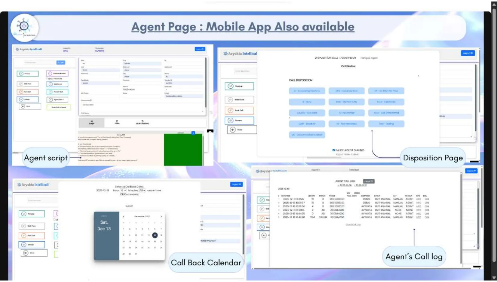 Agent page screenshots showing agent script, disposition page, callback calendar and call log