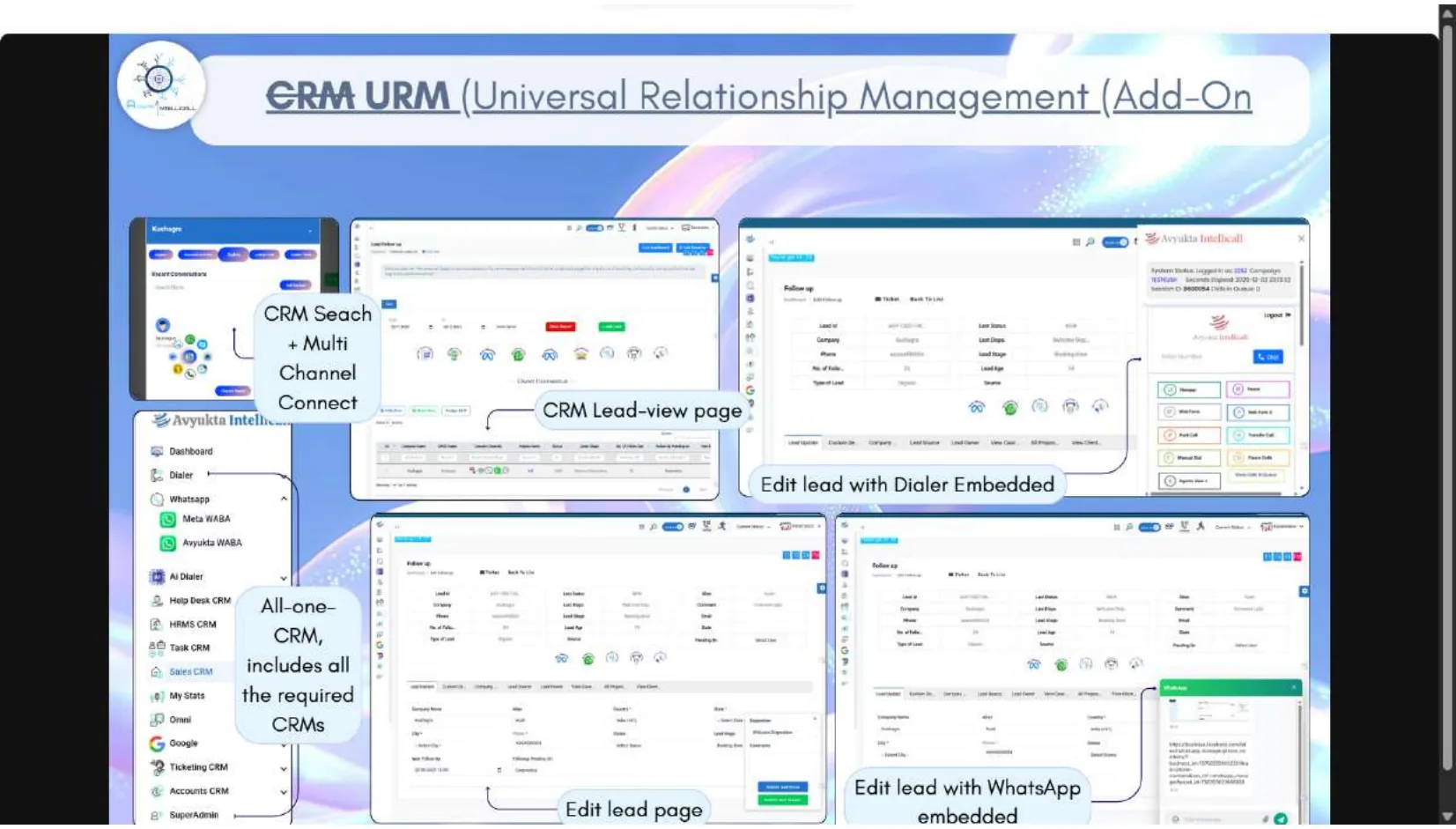 URM add-on screenshots with CRM search lead view embedded dialer and WhatsApp